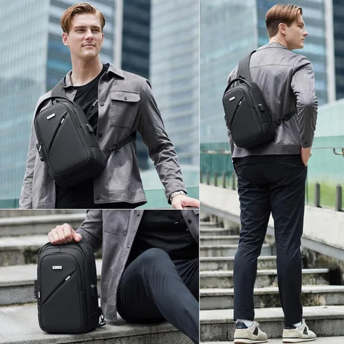 Miniatura 13 de DUSLANG Mochila de hombro para senderismo, bolsa cruzada para hombres, bolsas de pecho con puerto de cargador USB para campamento casual, ciclismo