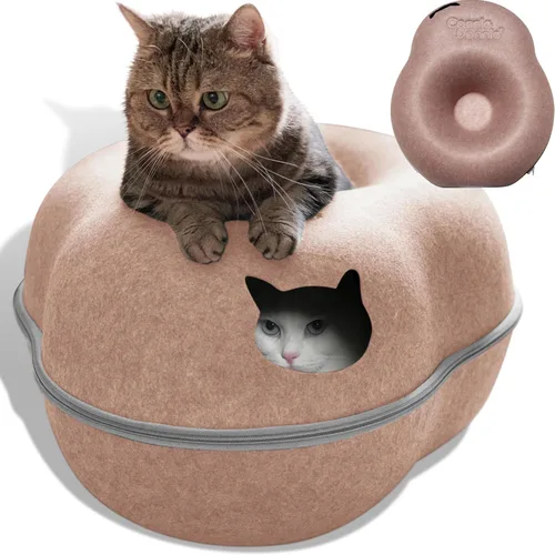 Cama túnel para gatos de interior, mediana y grande, casa cueva en forma de donut de hasta 22 libras, espaciosa para 2 gatitos (marrón)