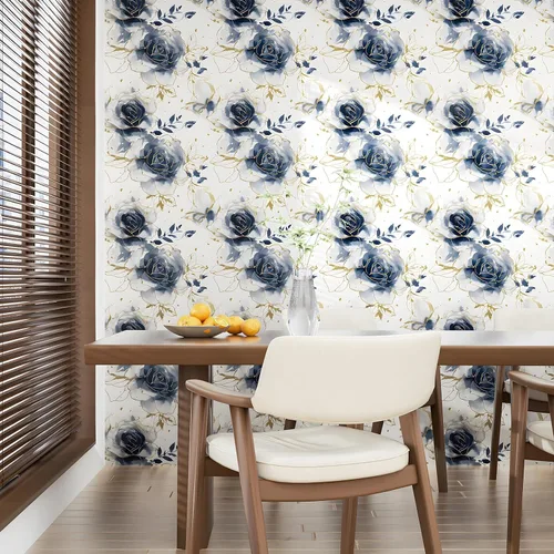 Miniatura 2 de Papel Tapiz Floral Blanco Despegar y Pegar Acuarela Azul/Dorado Flores Papel de Contacto Papel de Pared Moderno Impermeable Autoadhesivo