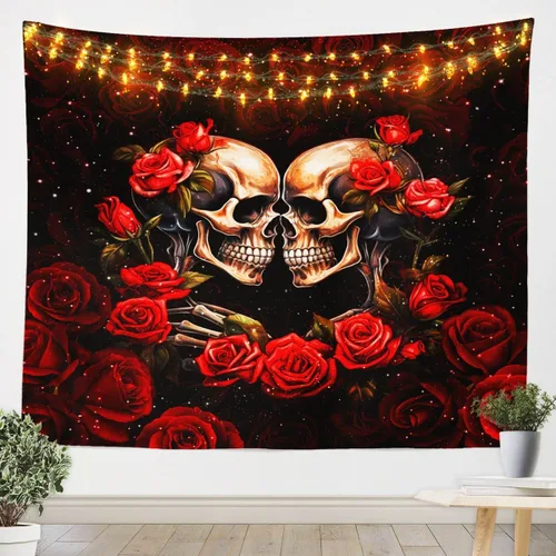 Miniatura 15 de Tapiz femenino de flores de rosas rojas, tapiz de pared para el día de San Valentín, decoración de habitación de niñas y mujeres, cielo estrellado