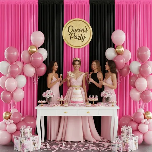 Miniatura 5 de Cortina tipo telón de fondo negro y rosa de 10 x 7 pies, fondo de fiesta de poliéster sin arrugas para cumpleaños, bodas, baby shower, fotografía