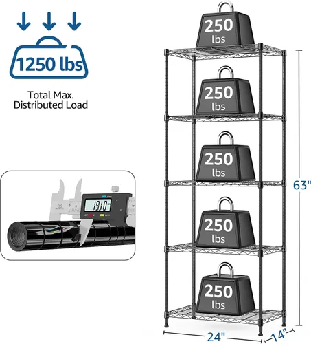 Miniatura 3 de M MZG - Estante de 5 niveles de 1250 lbs, estantes de almacenamiento de metal con estanterías de alambre, organizadores de armario con rueda
