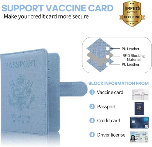 Miniatura 3 de MCmolis Combo de tarjetero para pasaporte y vacunas, funda de cuero con bloqueo RFID, protector organizador de documentos de viaje con ranura