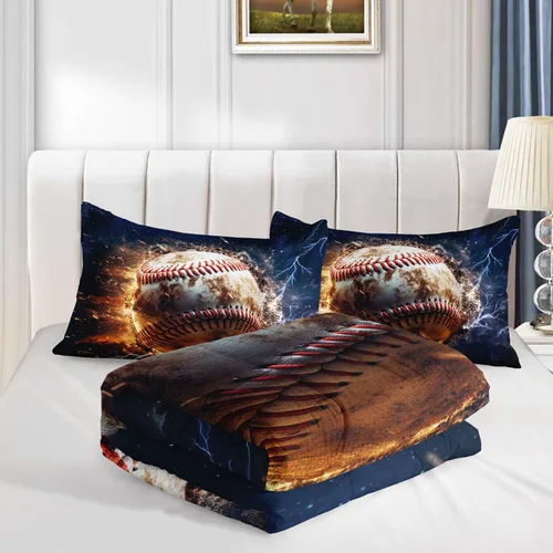 Miniatura 4 de Datura home - Juego de edredón para niños con estampado de béisbol en llamas, juego de ropa de cama con patrón impreso de béisbol con 1 edredón y 2