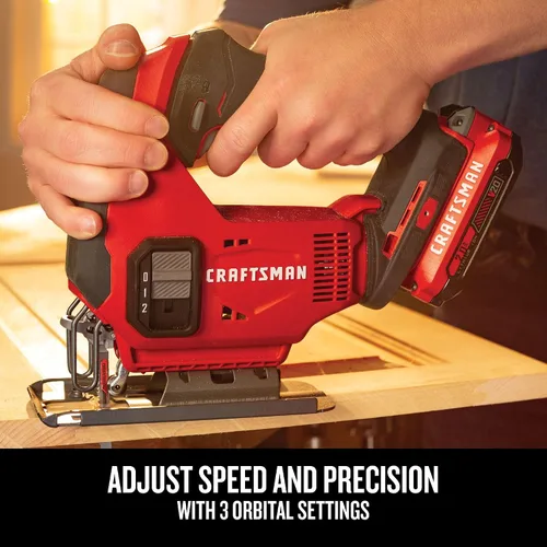 Miniatura 4 de CRAFTSMAN Kit de sierra caladora inalámbrica V20, 3 ajustes orbitales, hasta 2,500 SPM, batería y cargador incluidos (CMCS600D1)