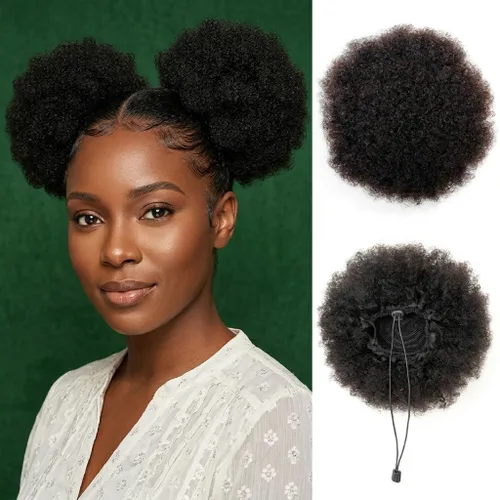 Miniatura 29 de Cola de caballo de cabello humano con cordón para mujeres negras, extensión de cabello humano rizado 4C, 8 pulgadas, aspecto natural, añade volumen