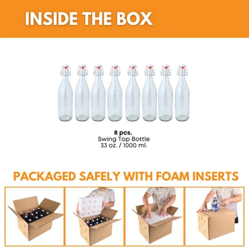 Miniatura 2 de FastRack Botellas de vidrio con tapa oscilante, 33 onzas, paquete de 8, botellas de vidrio transparentes con tapa abatible para elaboración casera