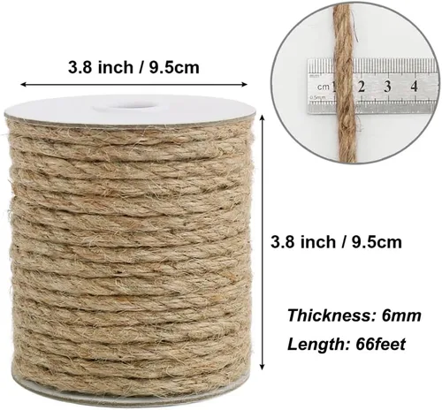 Miniatura 3 de Vivifying Cuerda de yute de 0.236 in, cuerda marrón natural resistente de 66 pies para manualidades, poste rascador de gatos, jardinería, agrupación