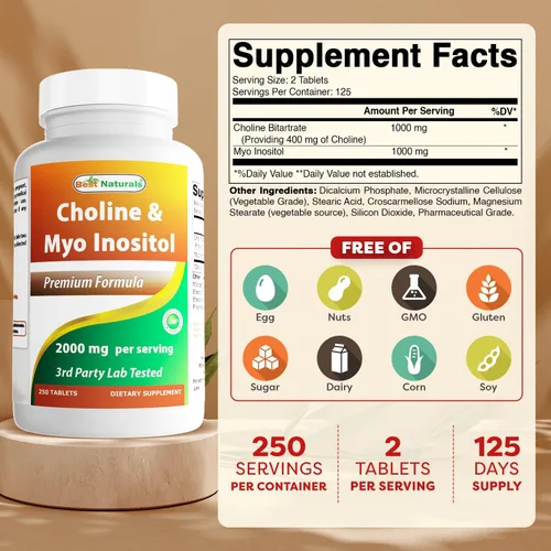 Miniatura 2 de Best Naturals Colina inositol (Myo Inositol) 2000 mg por porción 250 comprimidos - Sin OMG, sin gluten, fabricado en los Estados Unidos