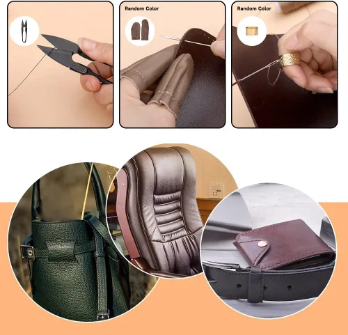 Miniatura 6 de Kit de costura de reparación de tapicería, kit de costura de cuero resistente, kit de trabajo de cuero con 8 hilos de tapicería, agujas de tapicería