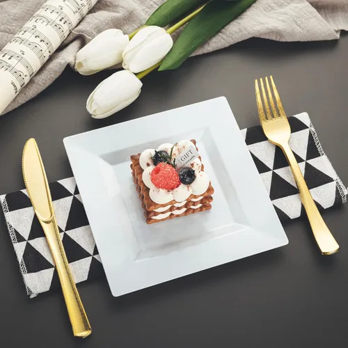 Miniatura 6 de Paquete de 100 platos cuadrados de postre de plástico blanco, platos desechables de 6.5 pulgadas, platos resistentes para fiestas, bodas, Navidad