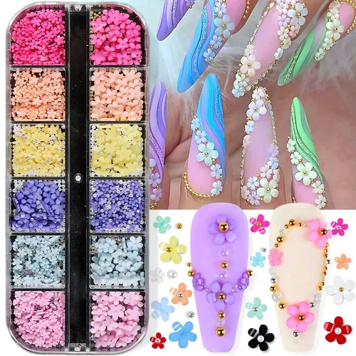 Dijes de flores 3D para uñas, 12 rejillas, diamantes de imitación de flores coloridas, tamaño mixto, flor de cerezo, accesorios de arte de uñas