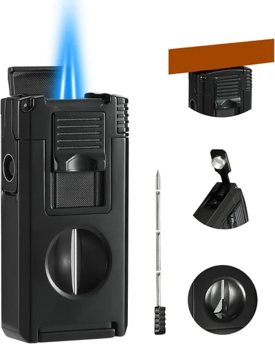 Encendedor de Antorcha de Llama de Chorro de Butano Todo en Uno con Cortador Integrado Corte en V, Perforador, Función de Soporte, Herramienta