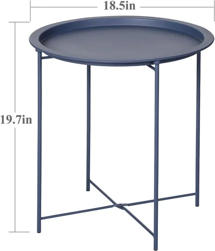 Miniatura 3 de VECELO Mesas auxiliares modernas, bandeja plegable redonda de metal, mesita de noche estable para exteriores, espacio pequeño, sala de estar y Azul