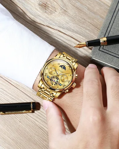 Miniatura 6 de OLEVS Relojes automáticos para hombre diseño de esqueleto Tourbillon cuerda automática reloj de pulsera de lujo fase lunar fecha impermeable