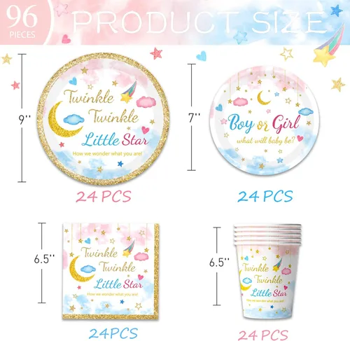 Miniatura 2 de Juego de 96 piezas de vajilla Twinkle Twinkle Little Star para revelación de género, platos de baby shower, servilletas, tenedores, vajilla
