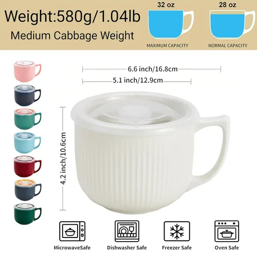 Miniatura 3 de Tazón de sopa de cerámica con asa de 32 onzas – Tazón de ramen para microondas con tapa, tazas y tazas de sopa para cereales, avena, ramen, fideos