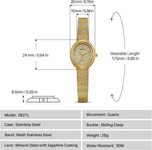 Miniatura 6 de BERNY Relojes de oro vintage para mujer, elegante reloj de pulsera ovalado para mujer, relojes analógicos de cuarzo para mujer, 3ATM resistente al