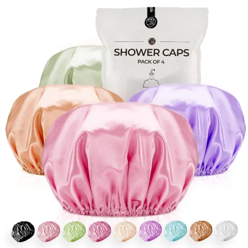 Miniatura 10 de Gorro de ducha para mujer, reutilizables, extra grandes, para hombres, de satén, de doble capa, EVA, impermeable, gorro de pelo largo