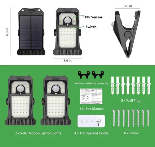 Miniatura 7 de Tryme 45LEDs Luces solares para exteriores con sensor de movimiento, luces de clip con sensor de movimiento, 3 modos, 3 formas de montaje, luz