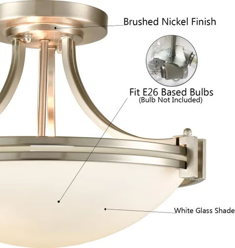 Miniatura 3 de SAMTEEN Lámpara de techo semiempotrada de níquel cepillado moderna de 3 luces de vidrio blanco para pasillo, lámpara de techo para dormitorio, sala