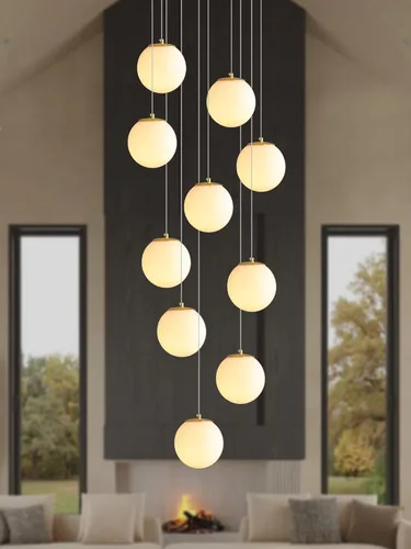 Miniatura 62 de ykolupty Escalera LED de 10 luces LED moderna con globo de cristal, lámpara colgante grande para techos altos, accesorios de iluminación de entrada