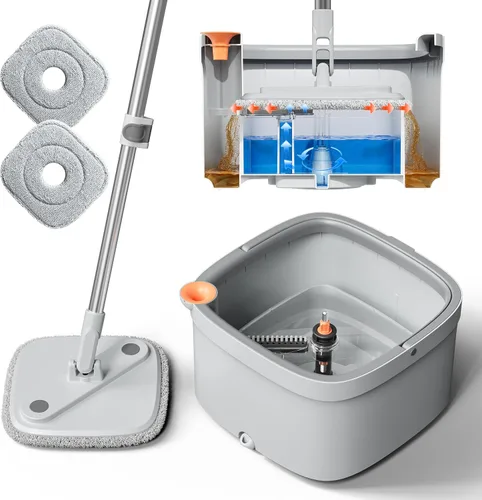 Juego de trapeador giratorio y cubo con sistema de agua limpia y sucia de separación automática, cabezal de trapeador cuadrado giratorio de 360°