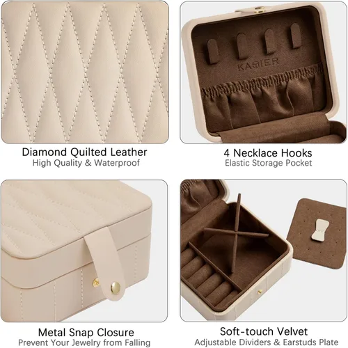 Miniatura 3 de KAMIER Joyero de viaje, de cuero acolchado con diamante, cajas de joyería portátiles para mujeres y niñas, organizador pequeño para collares