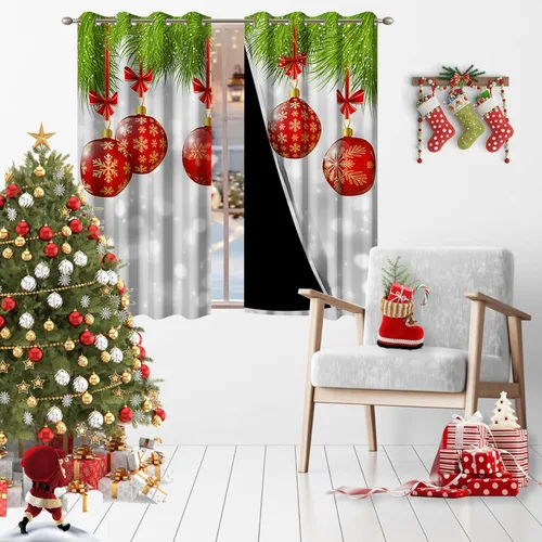 Miniatura 2 de AWERT Cortinas de Navidad con Bolas Vibrantes para Sala de Estar, Cortinas Opacas de Navidad Juego de 2 Paneles, Ojales de Acero Inoxidable Plateado