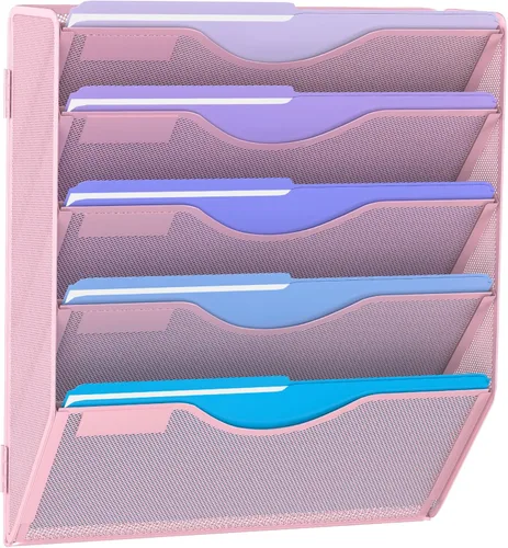 Miniatura 13 de Gawerk Organizador de archivos colgante de 6 niveles, soporte de malla para archivos de pared, estante para carpetas de papel con bandeja plana Negro