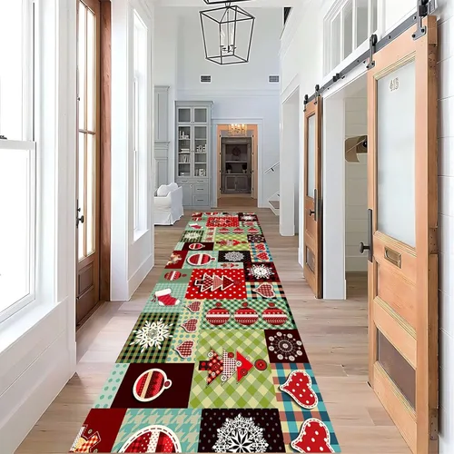 Miniatura 8 de Alfombra de pasillo de Navidad, 1.3 x 7 pies, alfombra de pasillo de renos con copos de nieve, color blanco, alfombra de pasillo estilo bohemio rojo