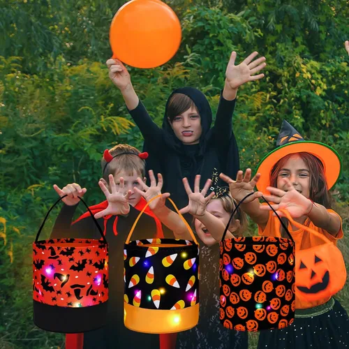 Miniatura 7 de Teling 6 bolsas de dulces de calabaza iluminadas para Halloween, cestas de regalo reutilizables para fiestas de cumpleaños