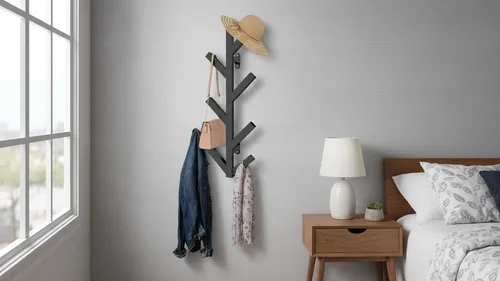 Miniatura 4 de Vlush Perchero de Metal para Montar en la Pared con 6 Ganchos, Perchero de Ropa Moderno y Minimalista, Perchero Vertical para Colgar Ropa