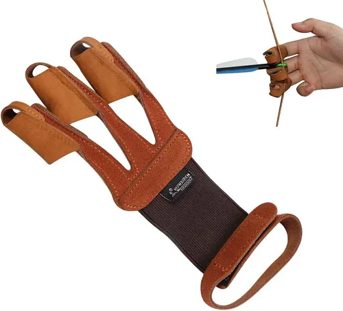 Huntingdoor Guante de dedo de tiro con arco con 3 pestañas de dedo, protector de dedo de gamuza negra y marrón, guantes de dedo para tirador de mano