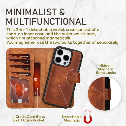 Miniatura 3 de Bayelon Funda tipo cartera para iPhone 15 Pro Max, de cuero de grano completo, cubierta abatible magnética desmontable, tarjetero, funda tipo Marrón