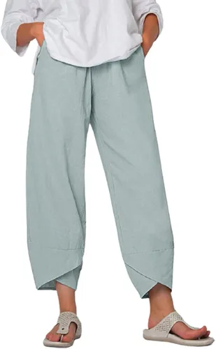 Miniatura 13 de Pantalones Capri de Lino de Algodón para Mujer 2025, Pantalones Palazzo Recortados Casuales con Estampado, Cintura Elástica, Pantalones Holgados
