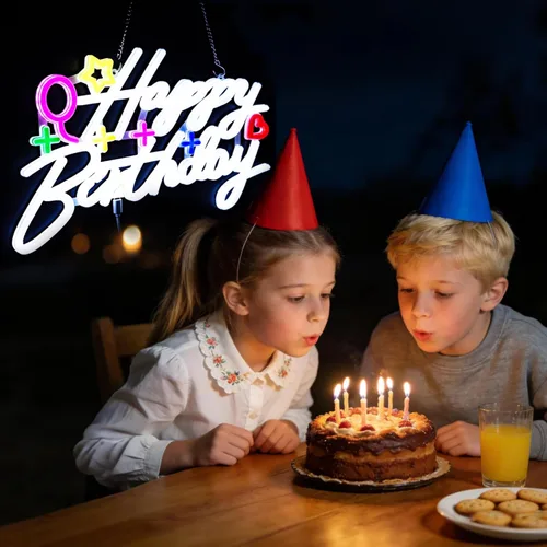 Miniatura 6 de Letrero de neón de feliz cumpleaños, letrero con luz LED de feliz cumpleaños, luz de neón regulable alimentada por USB, letrero de neón