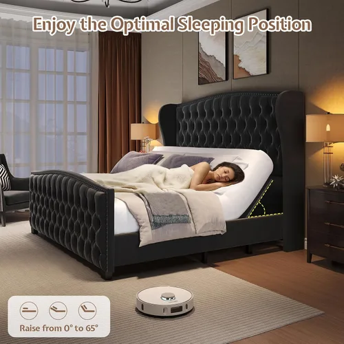 Miniatura 4 de LUXOAK Base de cama ajustable tamaño Queen con cabecero copetudo y respaldo de ala, base de cama ajustable inteligente con doble motor y control