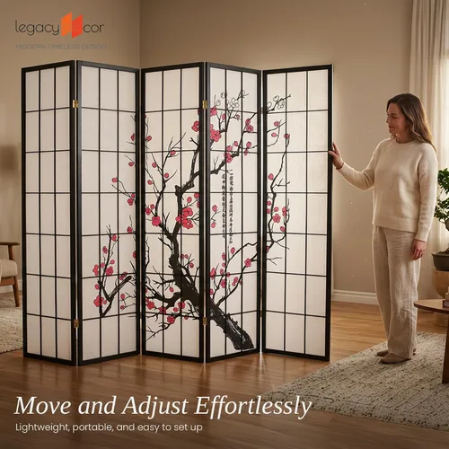 Miniatura 7 de Legacy Decor Biombo de 4 paneles para habitación con diseño de ciruelo en flor. Negro