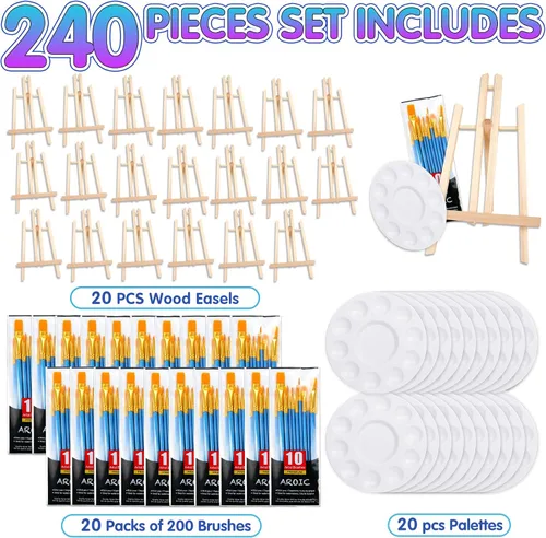 Miniatura 2 de Conjunto profesional de pintura de 240 piezas con 20 caballetes de madera, 20 paquetes de 200 pinceles con cabeza de nylon y 20 paletas, kit