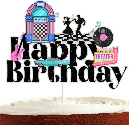 Decoración de pastel de cumpleaños de disco de los años 50 para niños y adultos de los años 50, suministros de fiesta de rock and roll hop,
