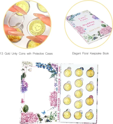 Miniatura 2 de TINGKU Juego de monedas de oro español (13 unidades), caja de almacenamiento con diseño de colección de libros para ceremonia de boda, regalo