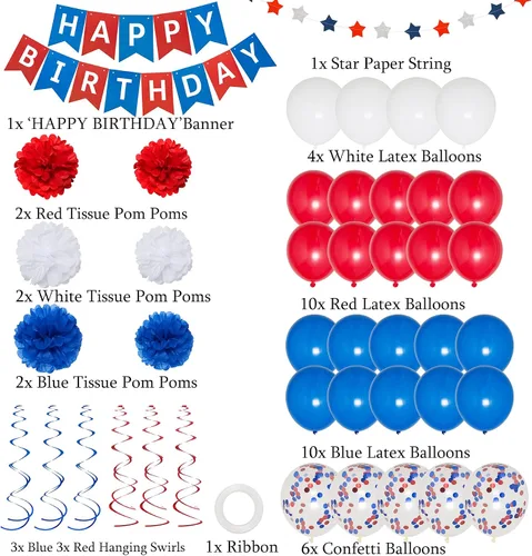 Miniatura 4 de Decoraciones de cumpleaños azules, blancas y rojas, kit de suministros de fiesta patriótica para hombres, mujeres y niños, pancarta de feliz