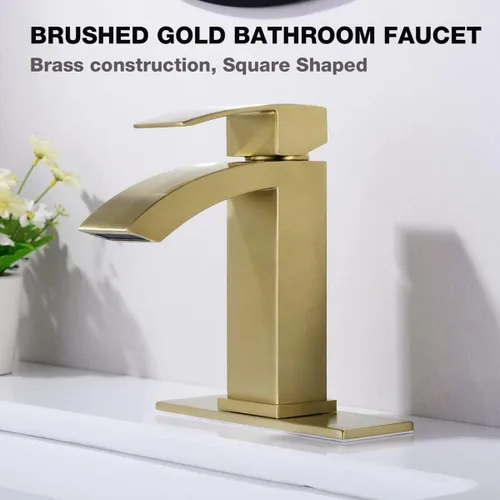 Miniatura 2 de TRUSTMI Grifo de baño de un solo orificio de latón cuadrado de cascada con placa de cubierta de 6 pulgadas y drenaje de desbordamiento, oro cepillado