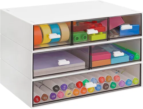 Miniatura 9 de Organizador de Escritorio Apilable de 3 Niveles con 6 Cajones, YOCOMEY Caja de Almacenamiento de Escritorio de Plástico con Cajones, Organizador