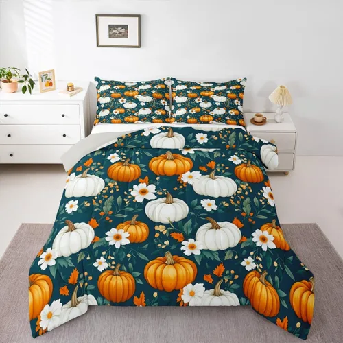 Miniatura 43 de Erosebridal Juego de edredón individual de pavo de Acción de Gracias, juego de ropa de cama de calabaza con hojas de otoño para niños y adultos