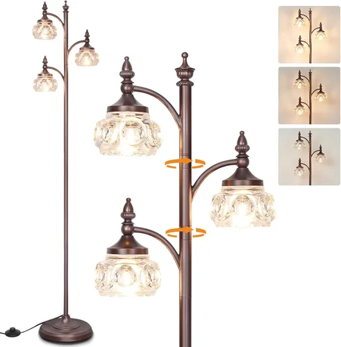 Miniatura 17 de JUNNAI Lámpara de pie negra para sala de estar, lámpara de pie alta, regulable, con 3 luces giratorias, pantalla de cristal, lámpara de esquina Negro