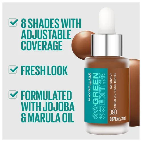 Miniatura 4 de Maybelline Green Edition Superdrop - Base de maquillaje de base de aceite tintado, base de cobertura natural ajustable formulada con aceite de 95