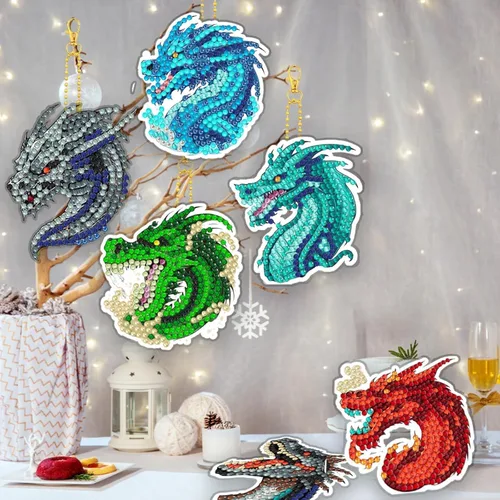 Miniatura 5 de Kit de 12 piezas de llaveros de dragón de diamante DIY, llaveros de diamante de dragón lindos para principiantes, adultos, suministros de arte
