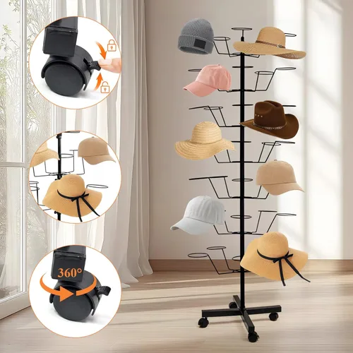 Miniatura 6 de uyoyous Soporte giratorio de 7 niveles para tiendas minoristas, organizador de exhibición de sombreros de metal resistente con ruedas, capacidad